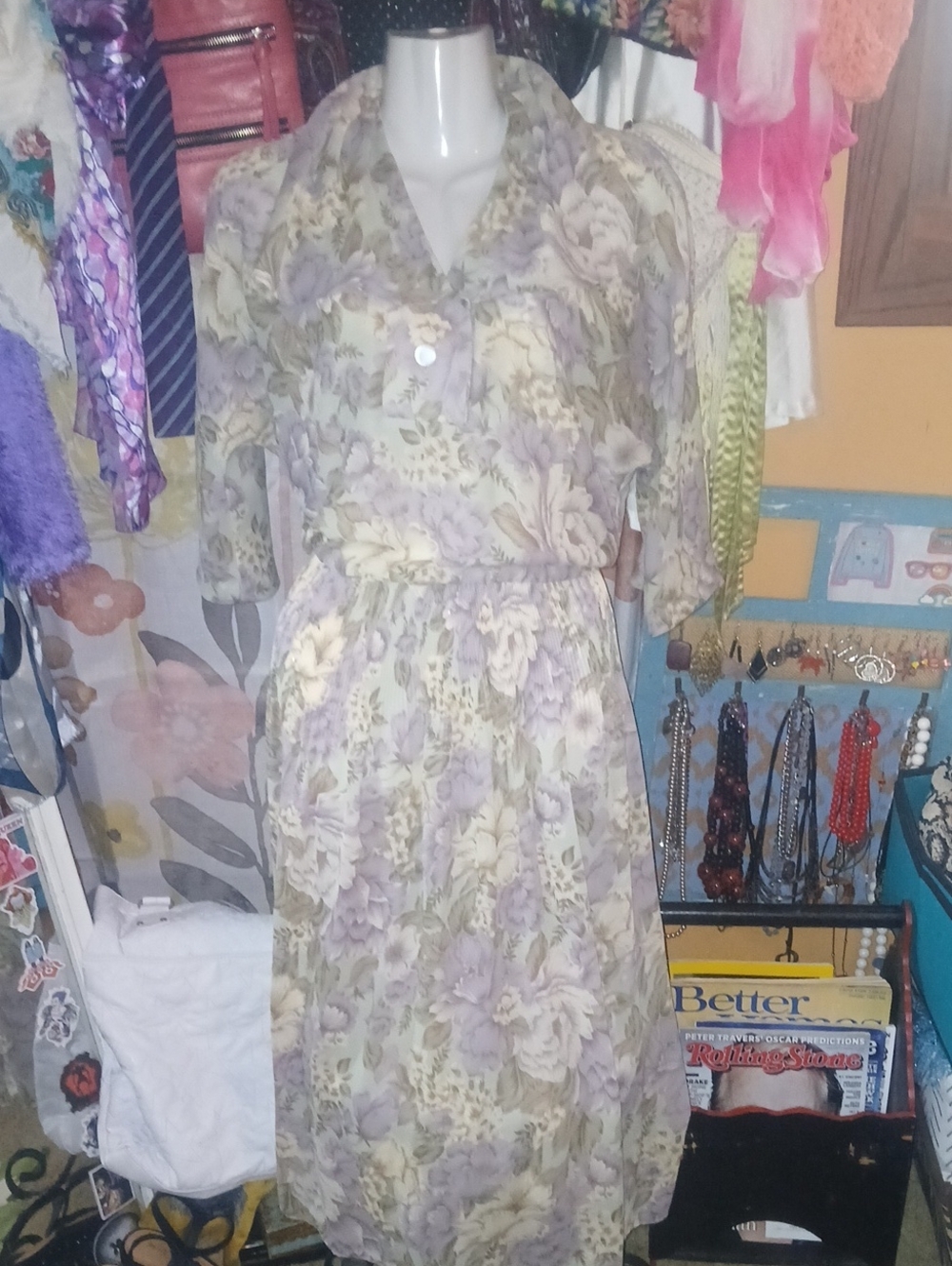 Leslie Fay 80s Vintage Flutter Collar Floral Long-Sleeve Dress 8